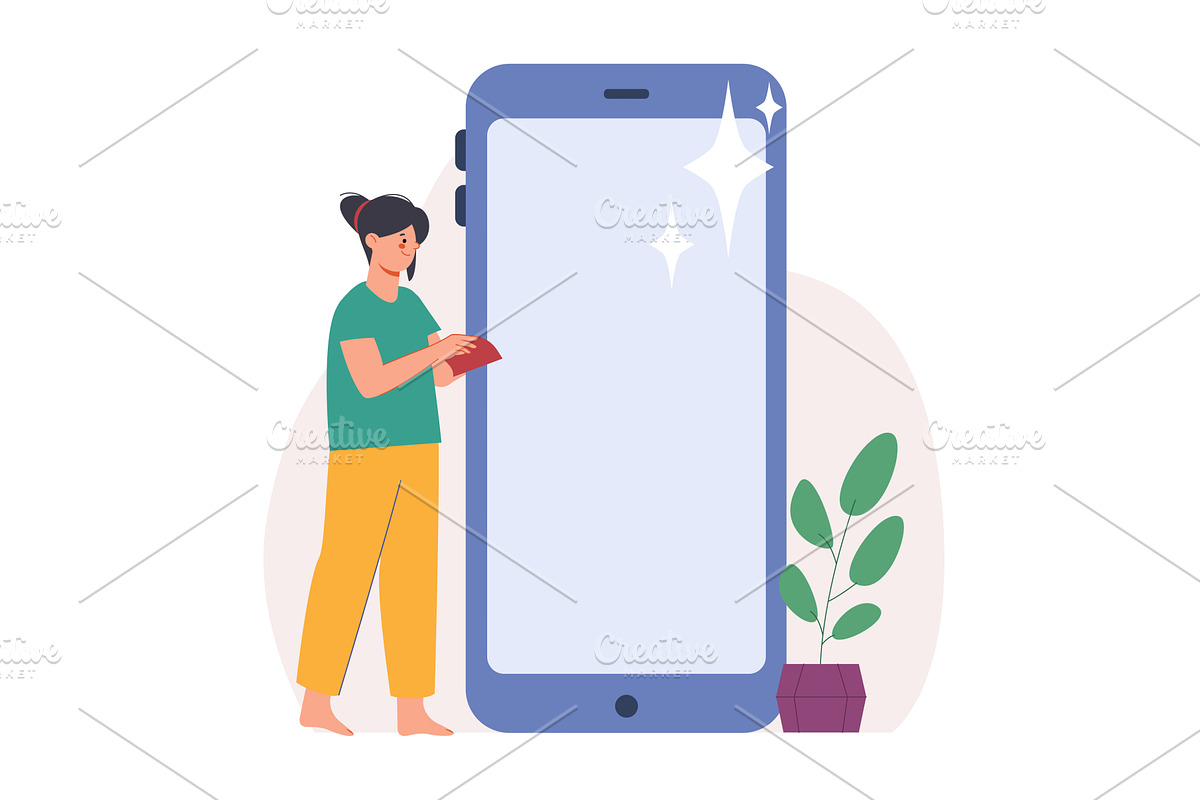 Young girl clean smartphone screen, a Technology Illustration by LadadikArt