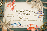 Watercolor seafood collection., a Food Illustration by Elena Medvedeva (Thumbnail 1 of 5)