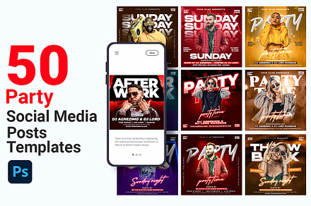 50 Party social media set, a Poster Template by Design.wala