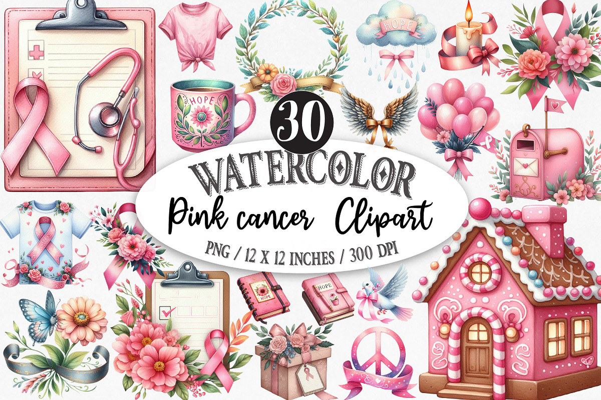 Watercolor Pink cancer  Clipart, an Illustration by Designking (Photo 1 of 5)