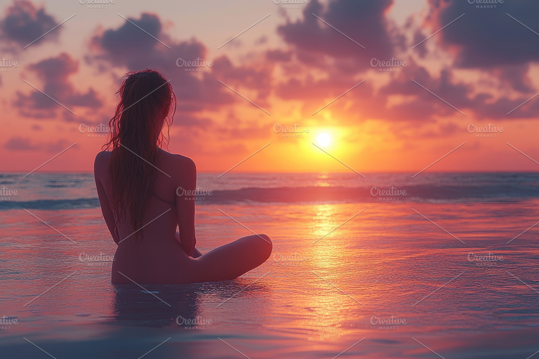 Woman sitting gracefully in calm oce, a Photo by Tanuart