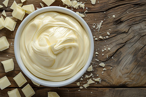Sweet melted white chocolate in bowl on wooden table, a Food & Drink Photo by AlyaAnd