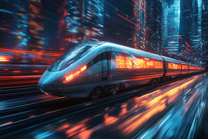 A futuristic high-speed train travels through a neon-lit cityscape at night, re, a Transportation Photo by Textures & Backgrounds