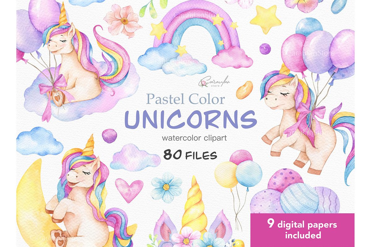 Cute Unicorns Watercolor Collection, an Animal Illustration by CaraulanStore (Photo 1 of 5)