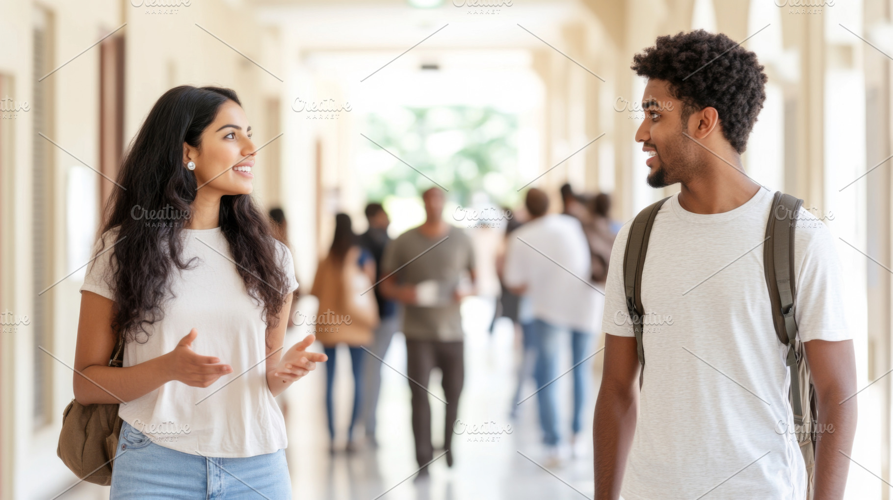 College students in urban setting, indian or latin american woma, a Photo by Dvoevnore photos