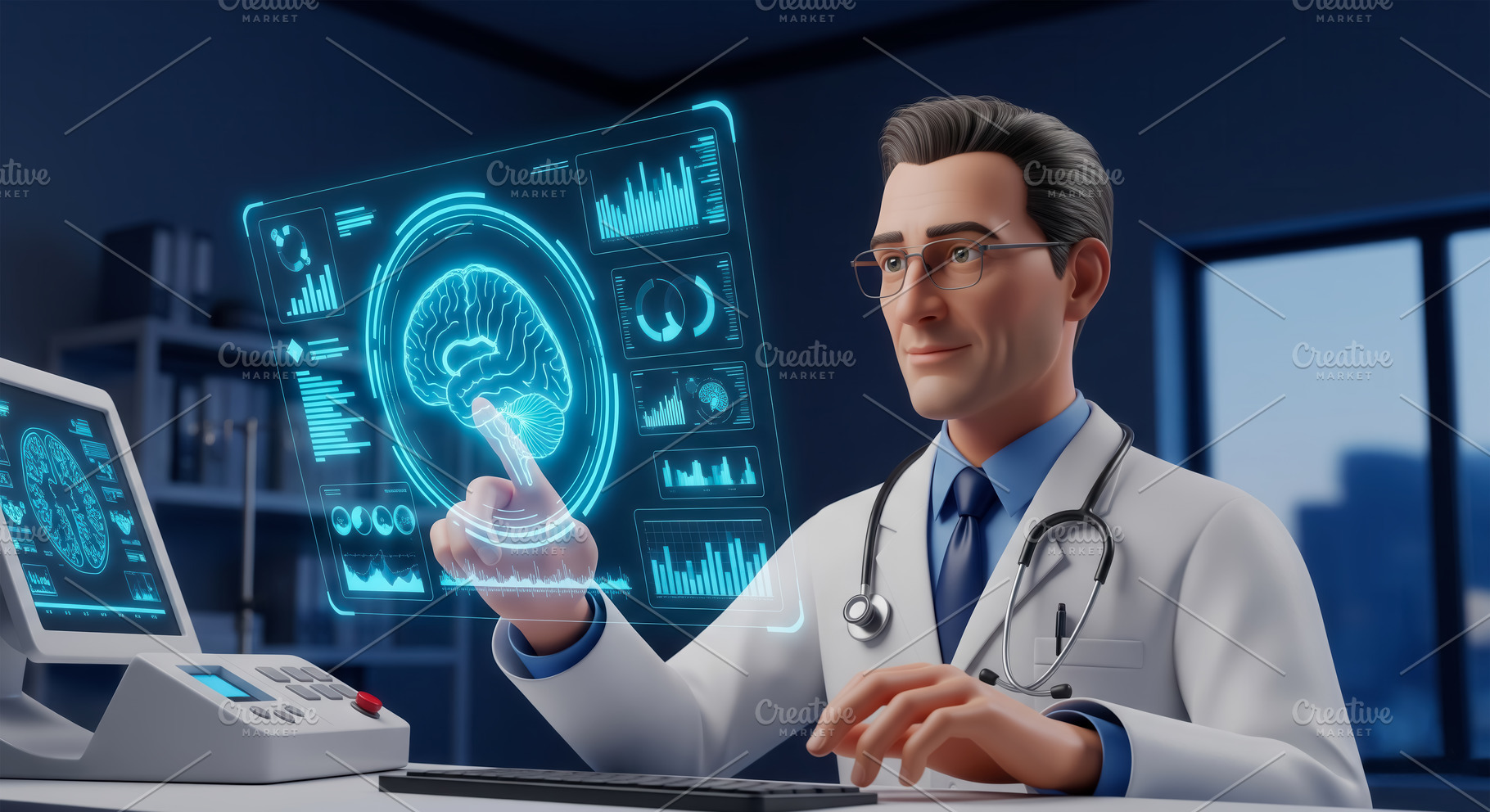 Doctor with Brain Hologram., a Health & Medical Photo by angellodeco