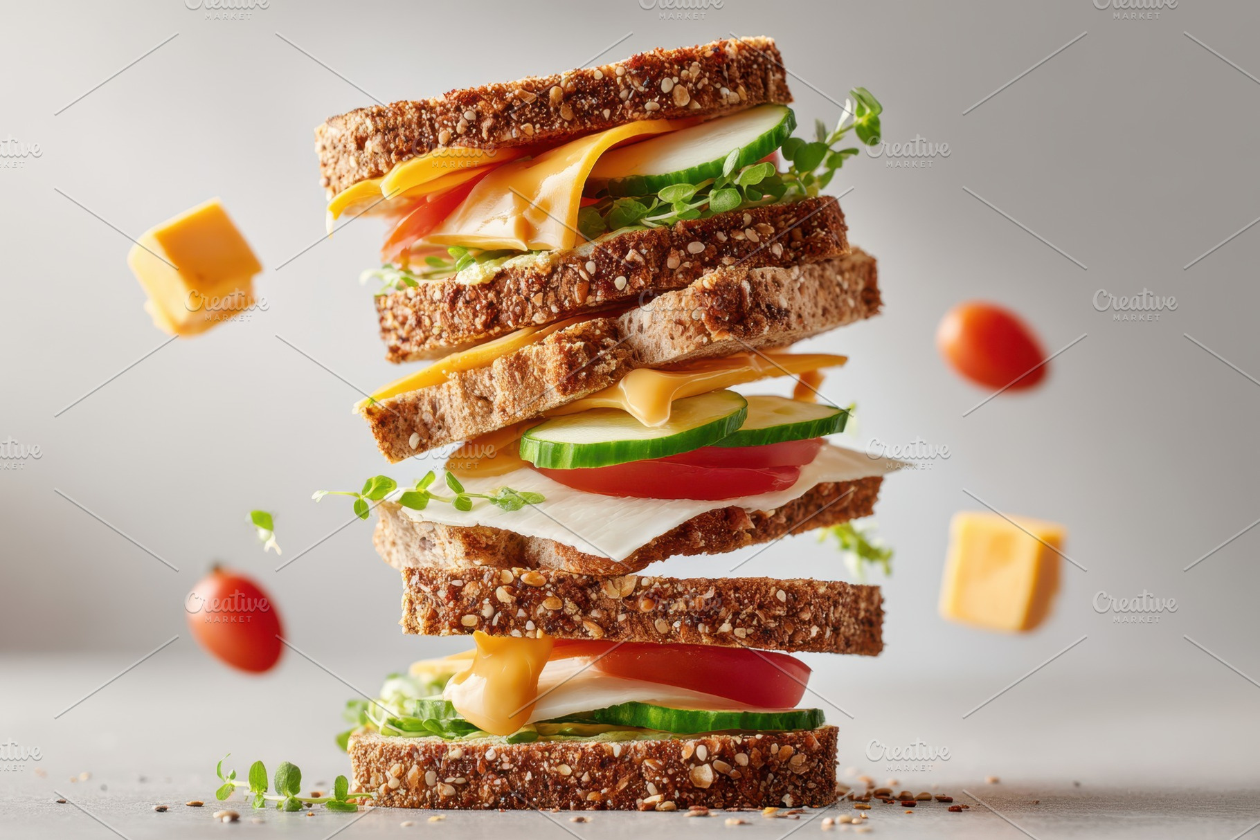 Tall layered deli sandwich with avocado and cheese, a Food & Drink Photo by AlyaAnd