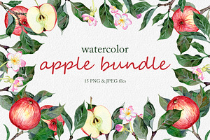 Hand drawn watercolor apple set