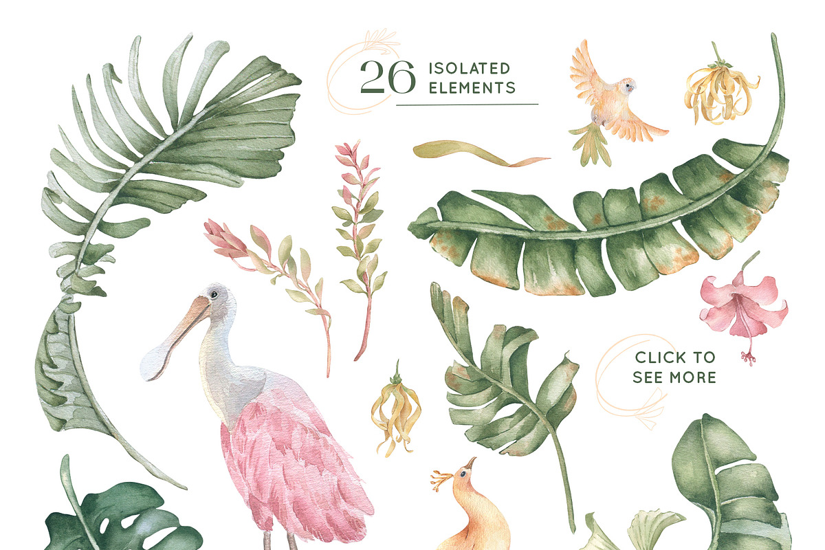 Tropical leaves and birds watercolor, an Illustration by Kate Lanbina (Photo 2 of 19)