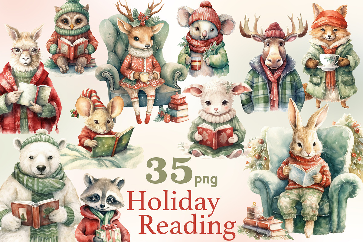 Holiday Reading Animals Clipart, an Animal Illustration by GlamArtZhanna (Photo 1 of 5)