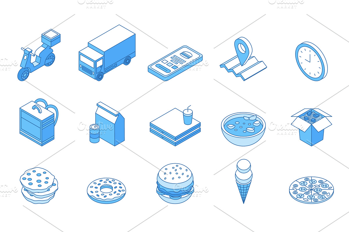 Isometric food delivery icons, a Food Illustration by Valerie Bodnar