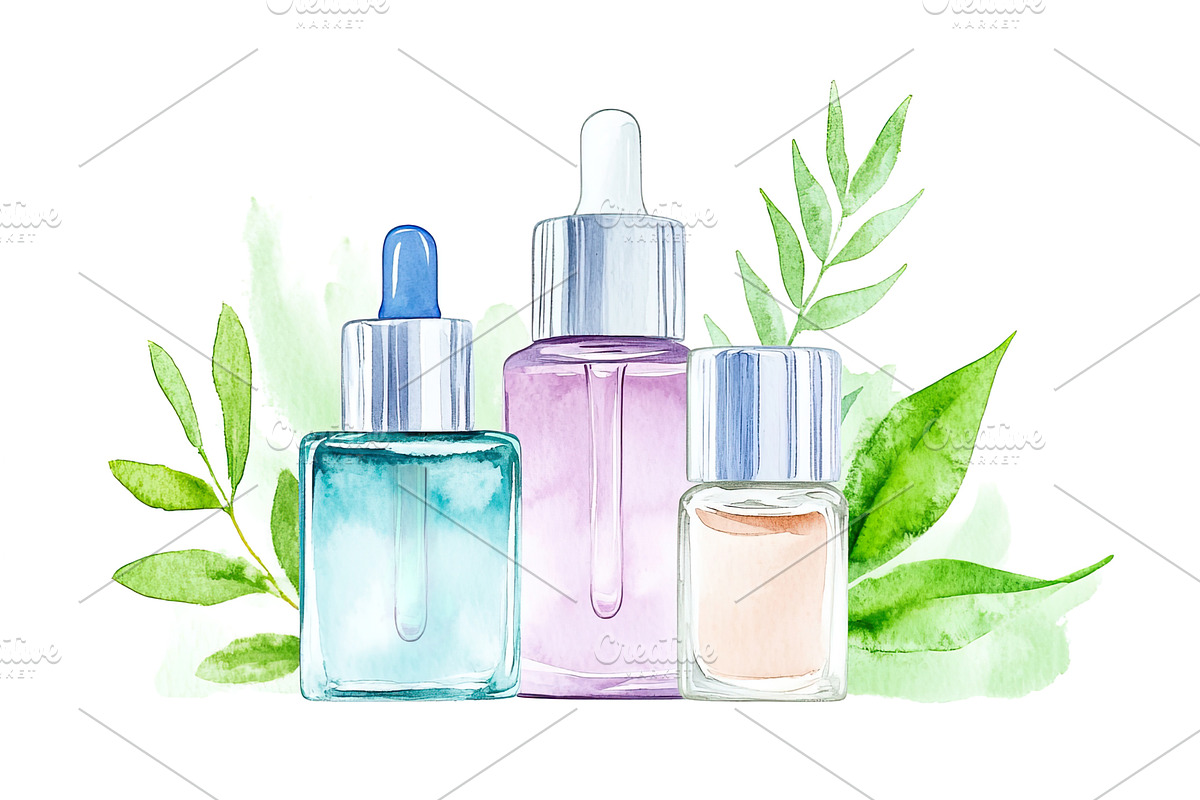 Watercolor natural cosmetics bottles, an Object Illustration by Lermont51
