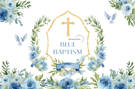Boy Girl Blue Flowers Cross Baptism, a Graphic by Sunflower Day Love