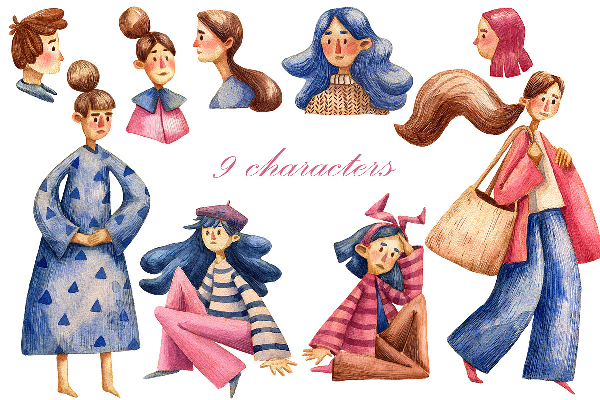 Cute Girls - Watercolor Clip Art Set, a Person Illustration by Mashamashastu (Photo 2 of 12)