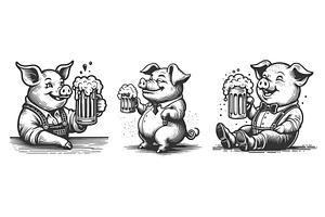 Happy Pigs Drinking Beer engraving, an Animal Illustration by AlexArt