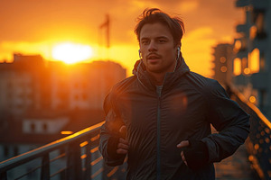 Young athletic man jogging outdoors at sunset, radiating determination and focu, a Person Photo by ImageMir