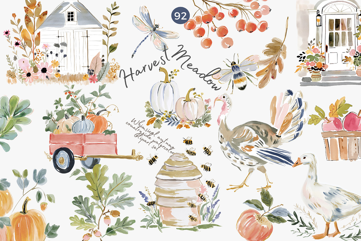 harvest meadow watercolor clipart, a Decorative Illustration by Patishop Art (Photo 1 of 10)