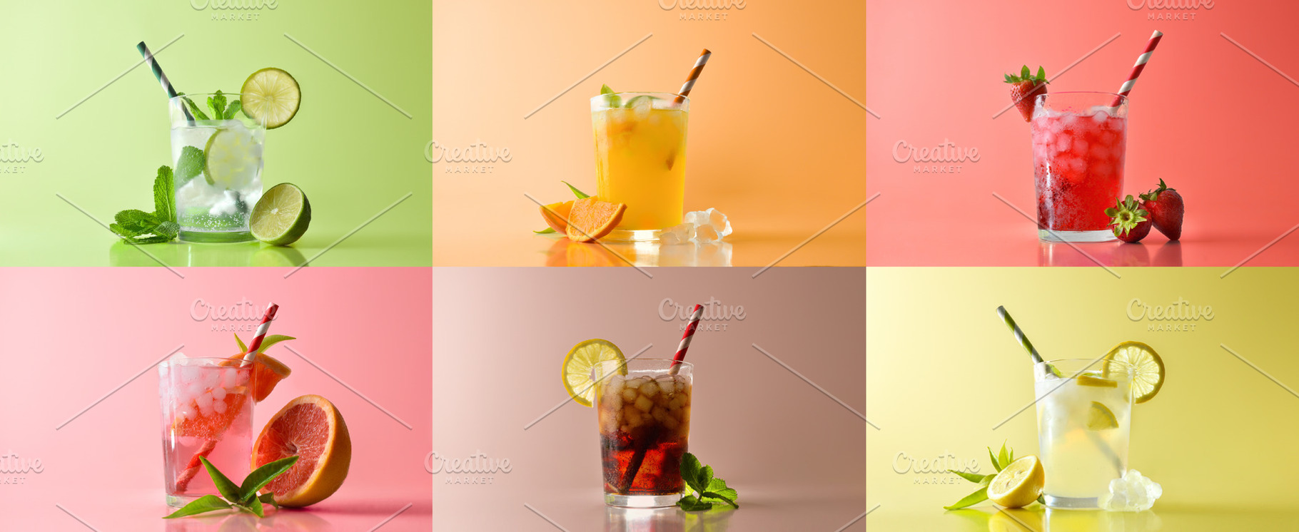Collection of refreshing drinks with ice with colorful isolated, a Food & Drink Photo by Davizro's Market