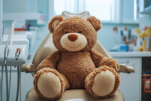 Soft brown bear sitting on dental chair, a Photo by AlyaAnd