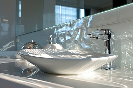 New bathroom with modern sink and mirror, a Beauty & Fashion Photo by AlyaAnd