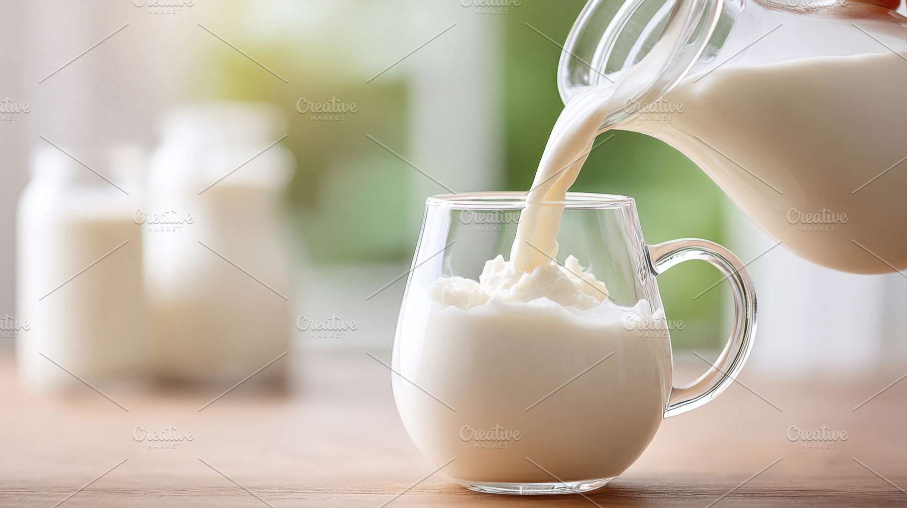 Pouring fresh milk into a glass mug, a Food & Drink Photo by AlyaAnd