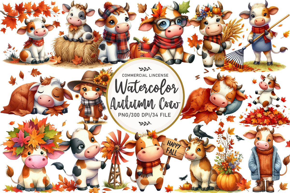 Watercolor Autumn Cow Clipart, an Illustration by OK Design (Photo 1 of 5)