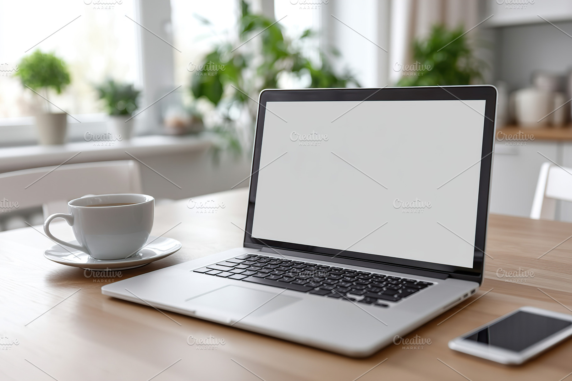 Modern home office setup featuring a laptop and coffee on a wooden table, a Business Photo by AlyaAnd
