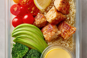 Healthy meal prep with quinoa and grilled chicken, a Food & Drink Photo by AlyaAnd