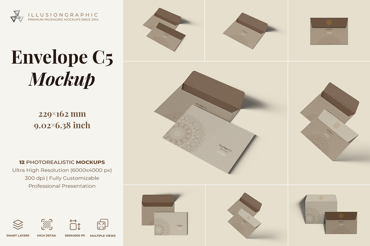Envelope C5 Mockup - 12 Views, a Packaging Mockup by Illusiongraphic (Photo 1 of 26)