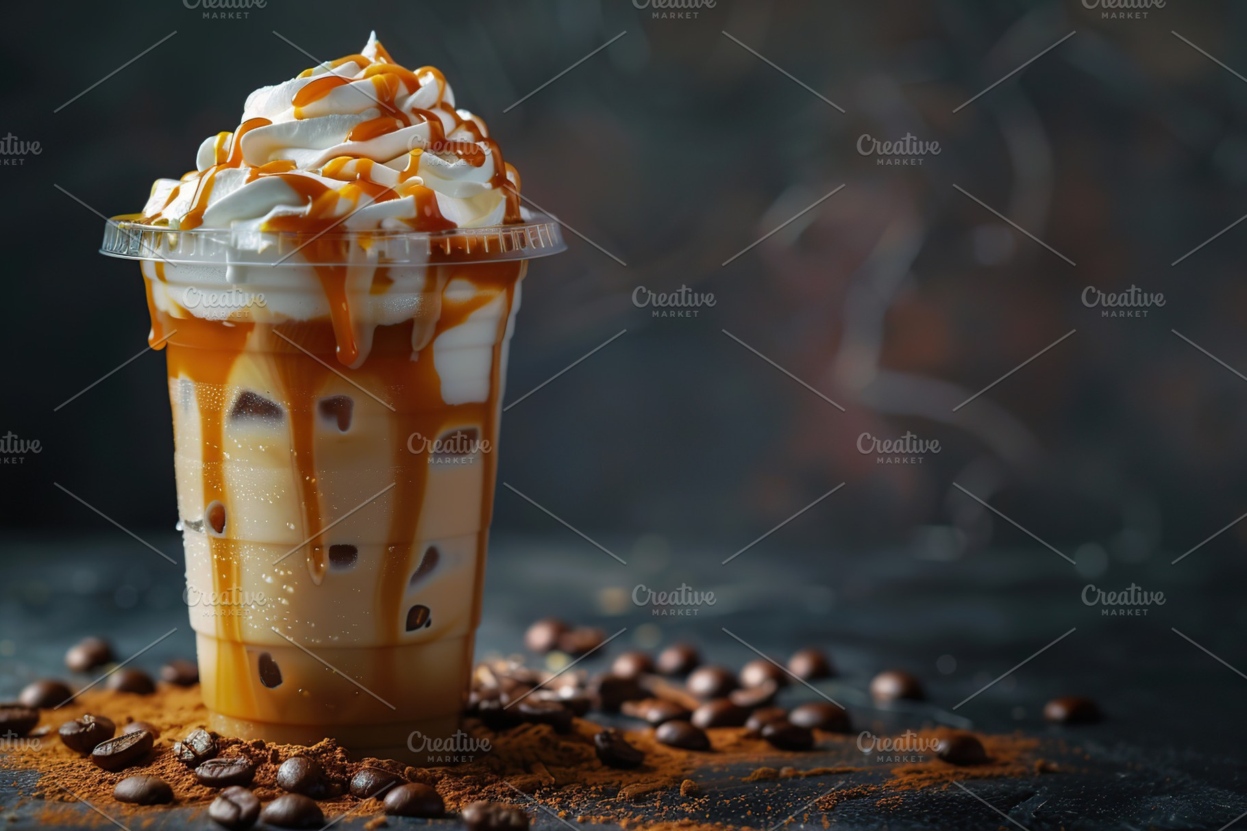 Iced coffee latte in cup on dark background, a Food & Drink Photo by AlyaAnd