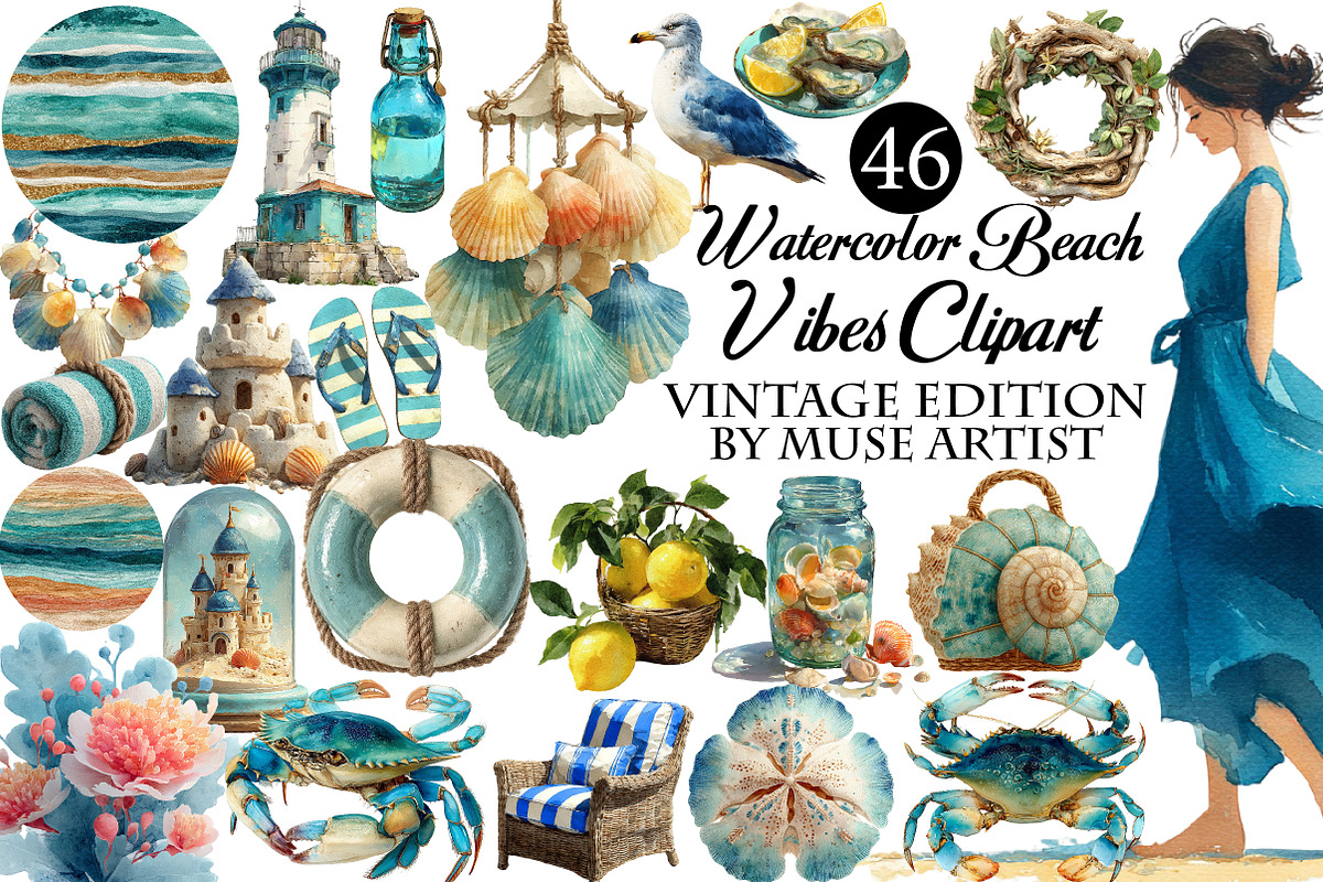Watercolor Beach Vibes Clipart, an Illustration by DreamArtGraphic (Photo 1 of 8)