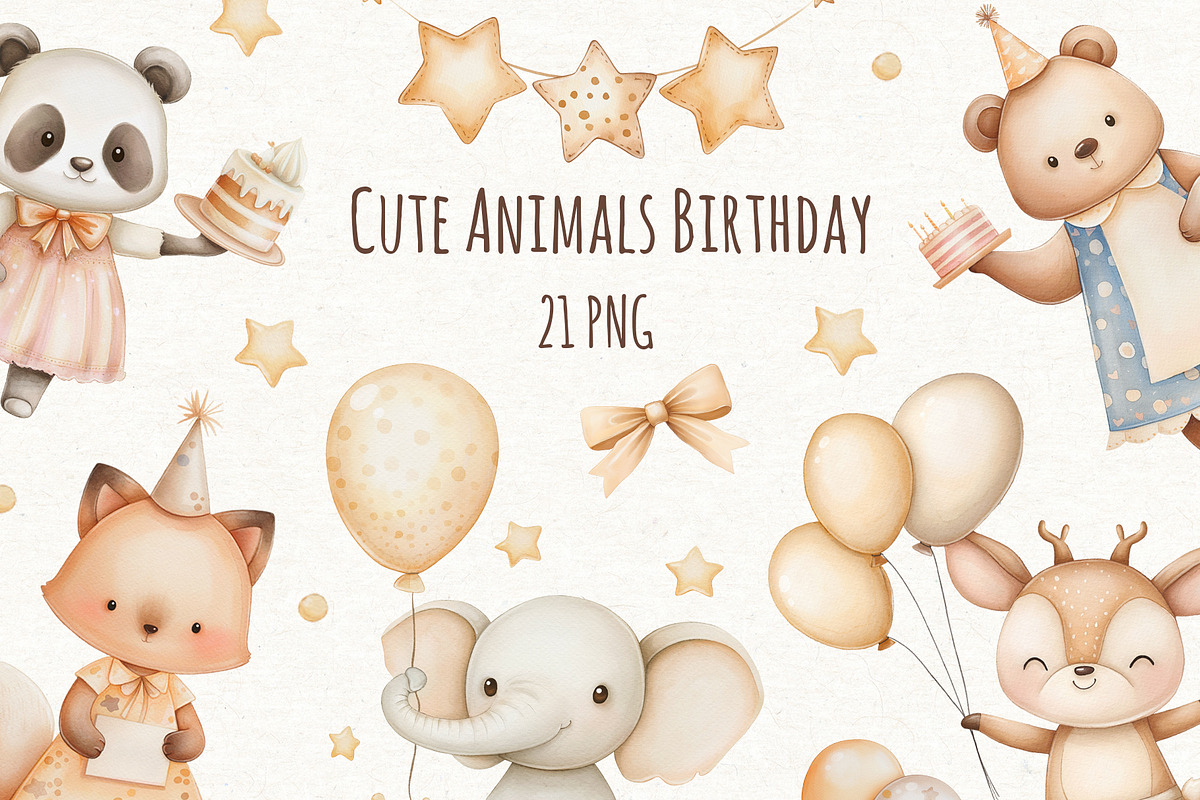 Happy Birthday Watercolor Clipart, an Animal Illustration by ekossa_art (Photo 1 of 6)