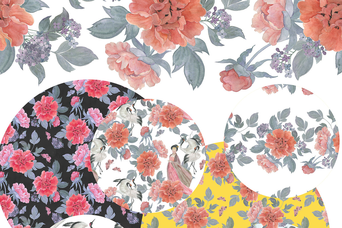 Two cranes and chinese peony, a Pattern Graphic by ramika (Photo 3 of 6)