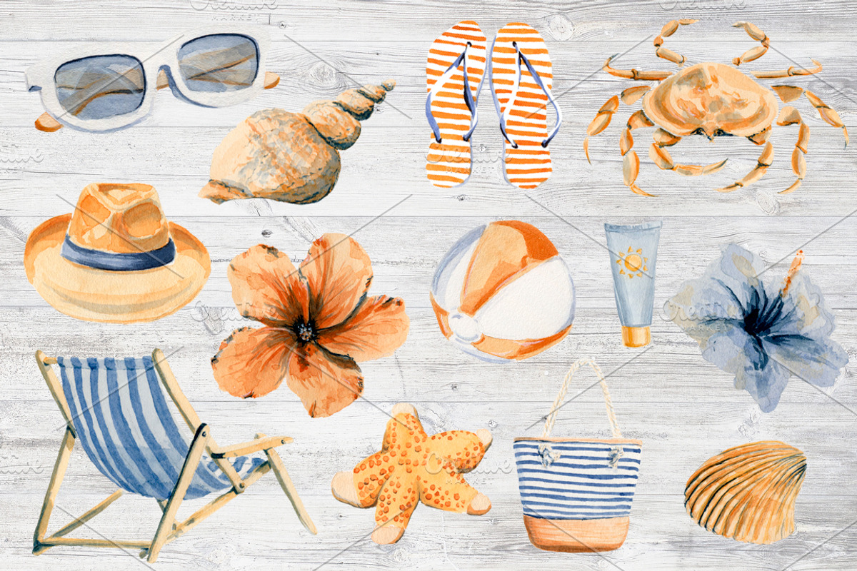 Watercolor Beach Set Clip Art, an Illustration by Sha1nee (Photo 3 of 6)