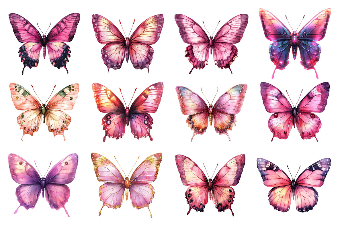 Pink Butterfly Watercolor Clipart, an Illustration by Dream Creation (Photo 4 of 5)