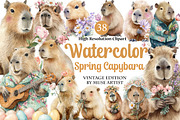 Watercolor Spring Capybara Clipart, an Illustration by DreamArtGraphic (Thumbnail 1 of 4)