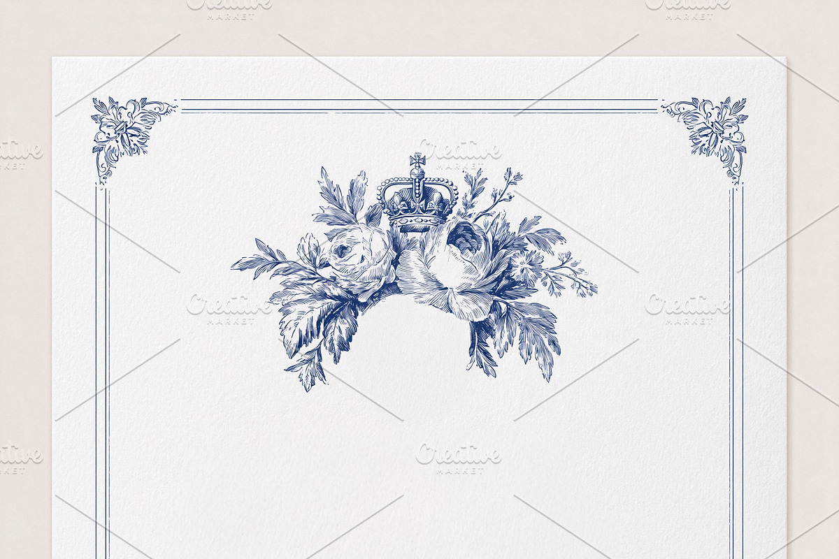 Elegant vintage blue floral crown with roses and an ornamental frame on a white, an Illustration by Studio ANNA