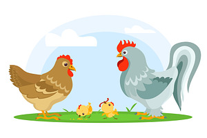 Chicken family. Rooster with hen and, an Animal Illustration by Vectorbuum