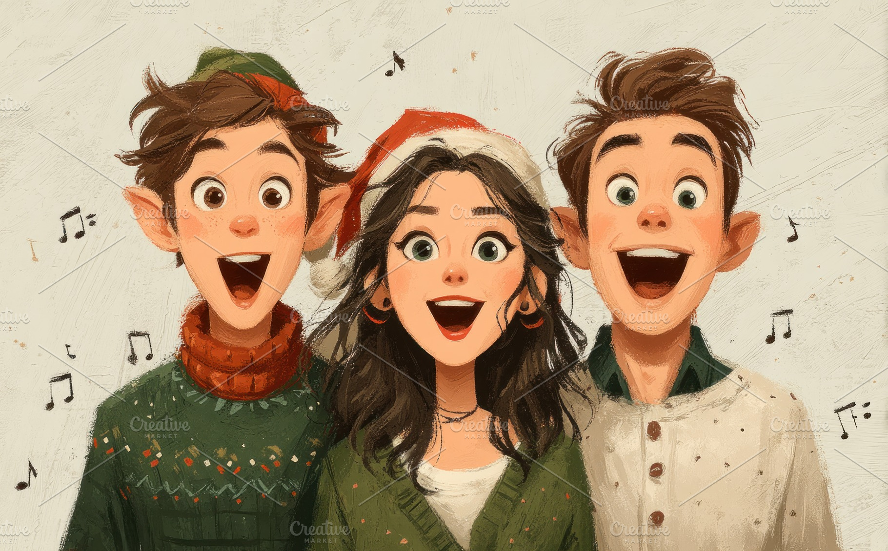 Joyful animated Christmas carolers singing together in festive h, a Holiday Photo by José Manuel Gelpi