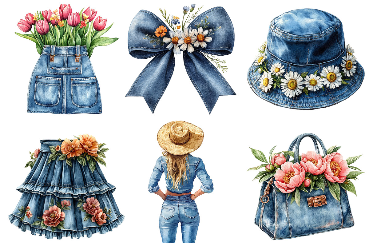 Vintage Denim Spring Clipart, an Illustration by SinaCreation (Photo 2 of 5)