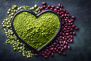 Green protein powder and legumes in heart bowl, a Food & Drink Photo by Photostock