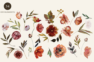 Watercolor Autumn Floral Clipart Set