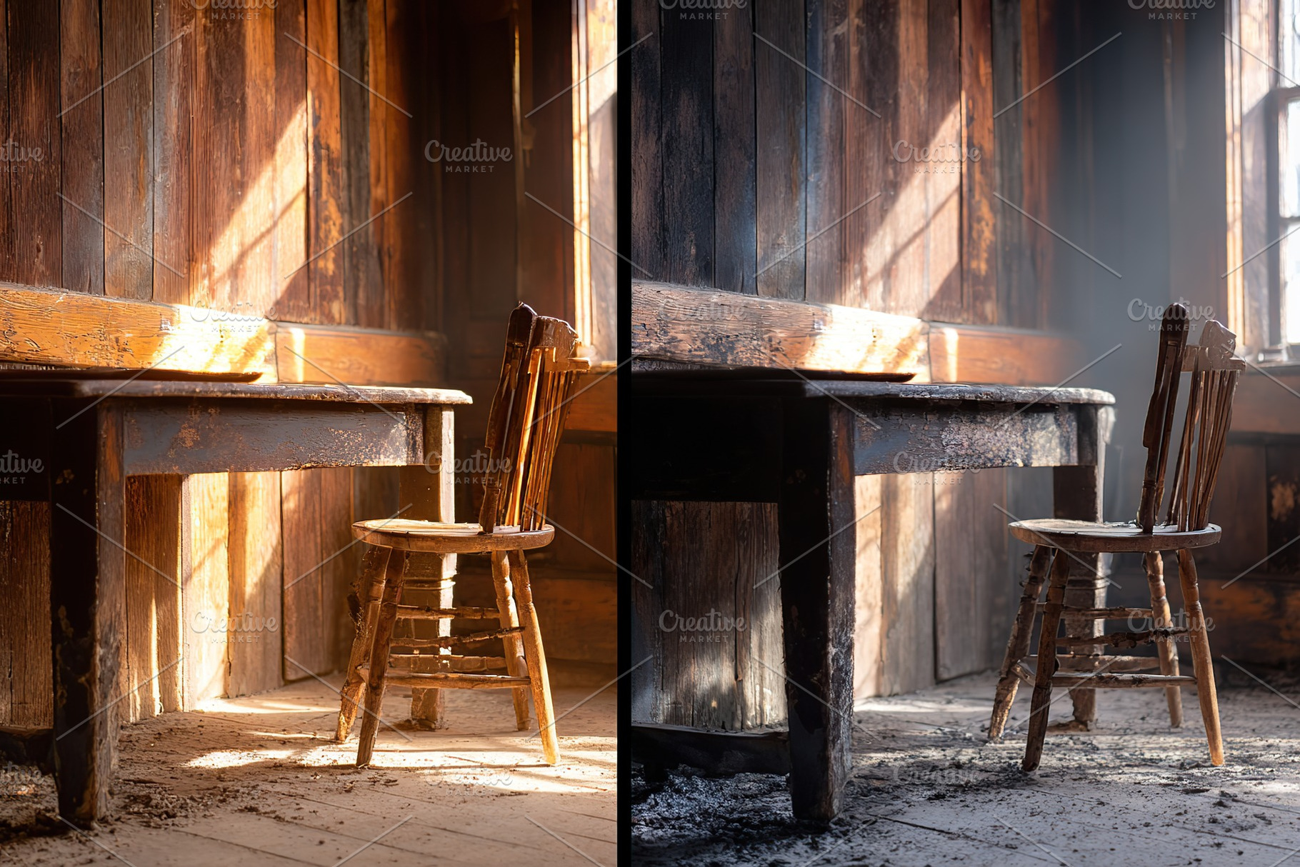 Rustic comparison between two lighting conditions in a worn space, a Photo by AlyaAnd