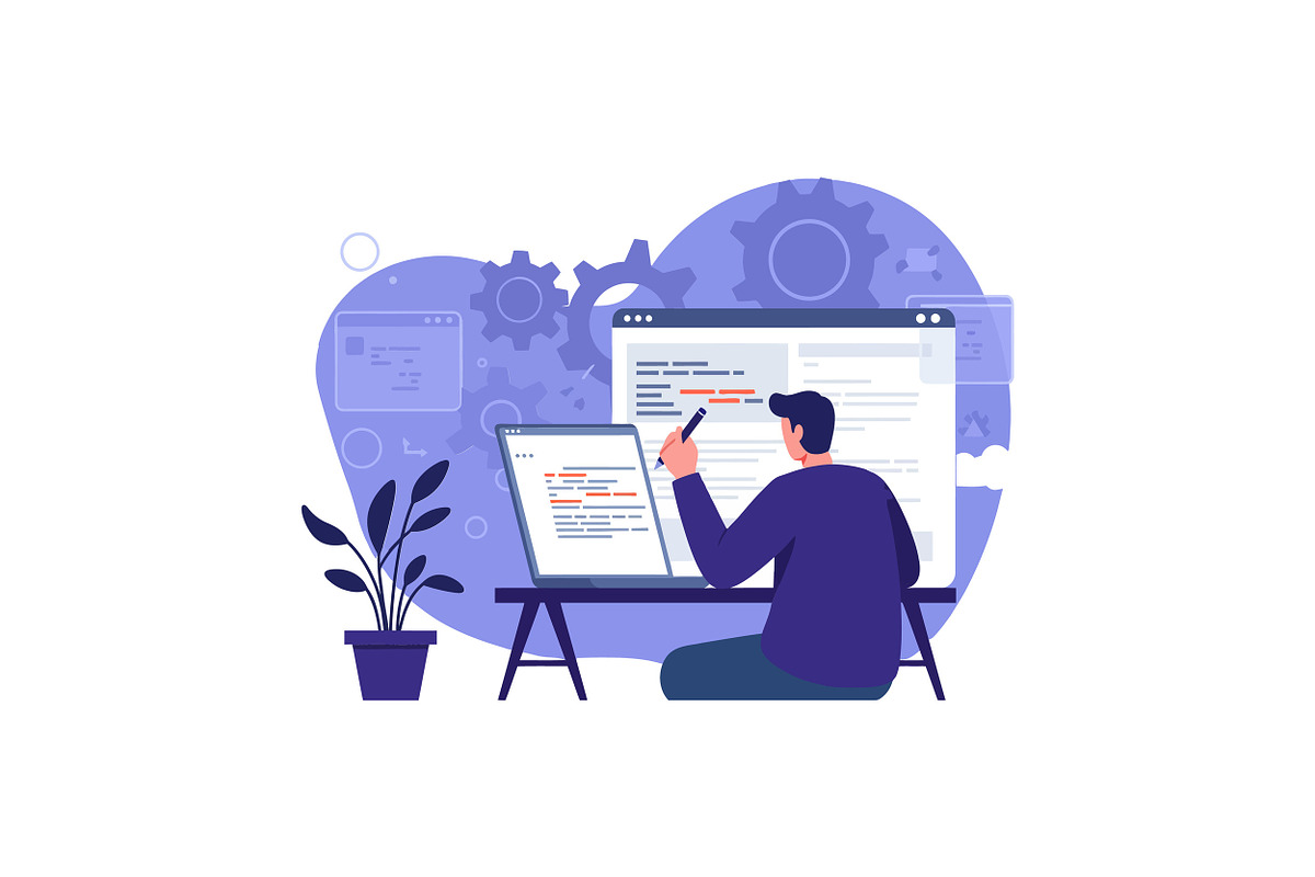 A man working intently at his desk w, an Illustration by designvectx