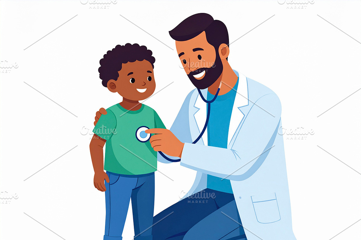 Pediatrician checking a smiling child’s heartbeat with a steth, a Healthcare Illustration by DanFLCreativo