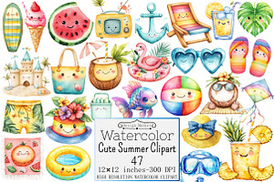 Watercolor Cute Summer Clipart, a Seasonal Illustration by Design Market