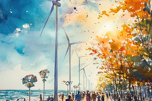 A vibrant watercolor painting depicting a seaside promenade with wind turbines,, a Technology Photo by Textures & Backgrounds