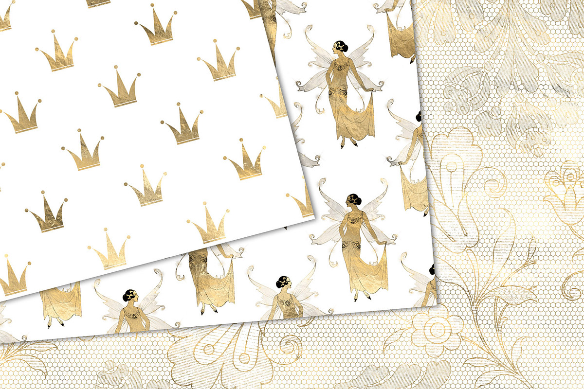 White and Gold Fairy Digital Paper, a Pattern Graphic by Digital Curio