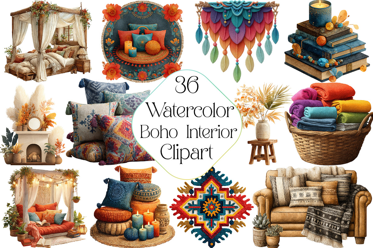 Watercolor Boho Interior Clipart, an Illustration by DreamPrint404 (Photo 1 of 5)