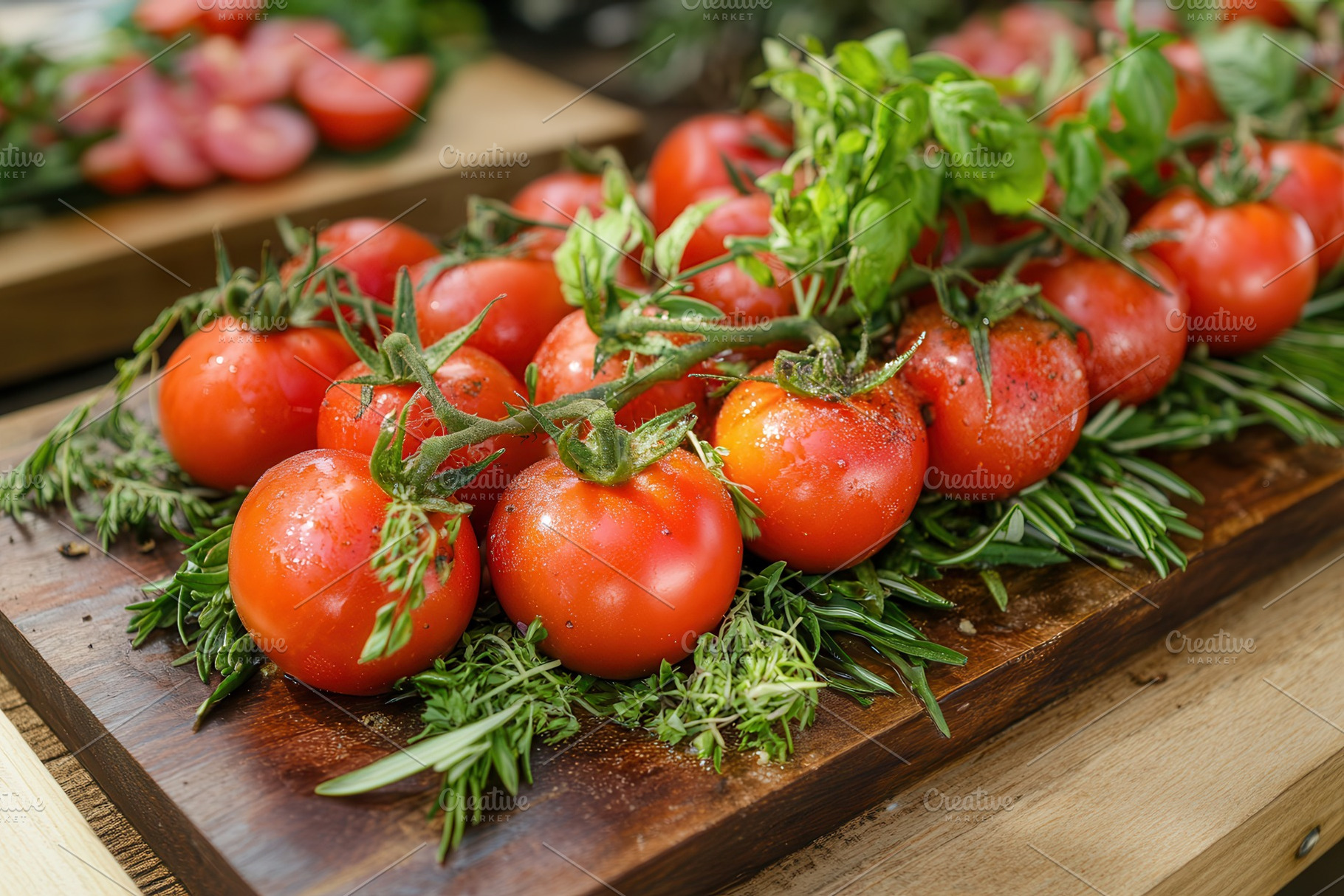 Fresh tomatoes on rustic platter, a Photo by Pavel_design